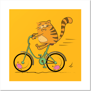 Cat on bike and happy mouse Posters and Art